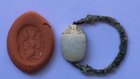 A CANAANITE STEATITE SCARAB WITH ORIGINAL BRONZE RING